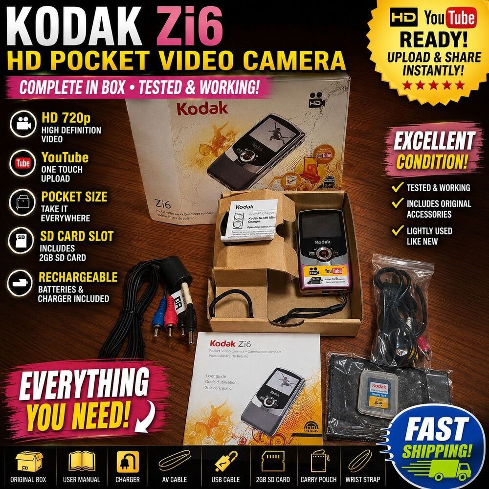 Kodak Zi6 HD Pocket Video Camera Camcorder Complete in Box Tested Works SD Card